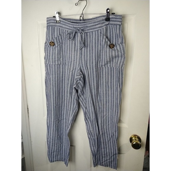 NYCC Blue White Linen Blend Striped Pocket Drawstring Capri Pants. Size 10 - Picture 1 of 11